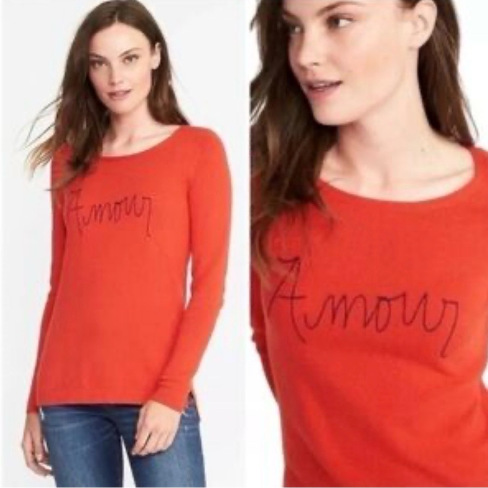 Old Navy Orange-Red 'Amour' Crewneck Sweater